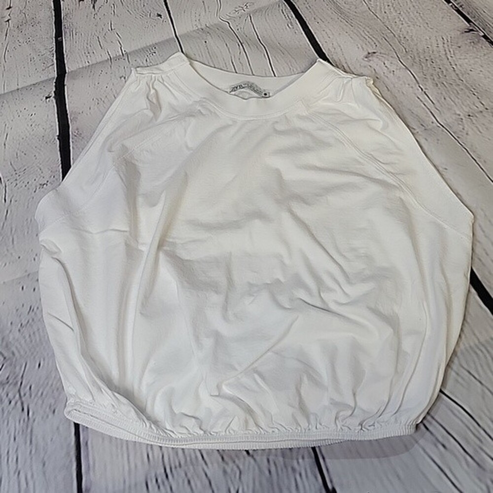 Zara White Sleeveless Top Sz S Crew Neck Bubble Hem Elastic Waistband Comfort